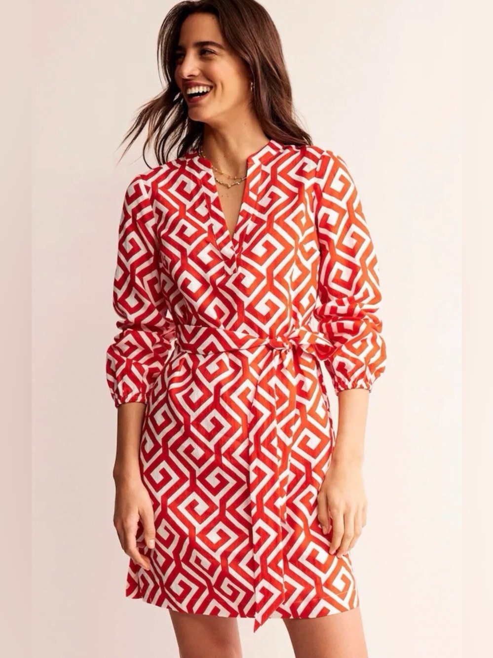 Boden Red White Geometric Linen Shift Dress 100% Linen Long Sleeve UK 20R US 16-